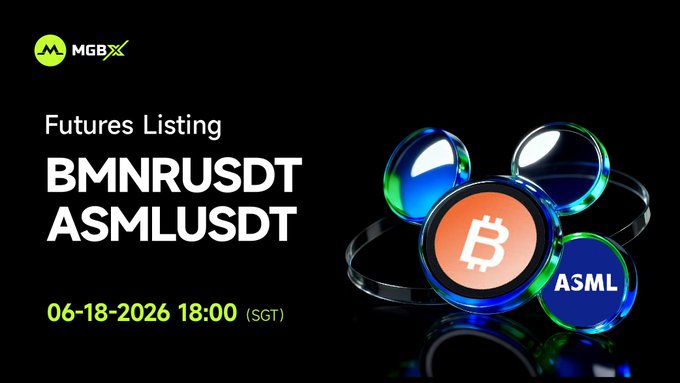 The image features a poster for an event related to trading futures, specifically focusing on BMNRUSDT and ASMLUSDT. The poster displays four different colored circles representing the four cryptocurrencies listed under the title "Futures Listing". Each circle is labeled with the name of the cryptocurrency it represents. The poster also includes text that reads "BMNRUSDT" and "ASMLUSDT", indicating the specific types of futures being listed for trading.