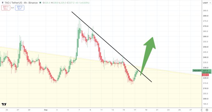 A 4-hour TAO/USDT chart shows price pressing against a descending diagonal trendline resistance, with TAO/USDT currently at 227.1 (+0.1% at 227.2). A green arrow indicates an anticipated upward move from the resistance break, while a moving average support curve sits below the price action.