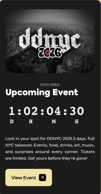 Promotional graphic for "ddnyc 2026" featuring an upcoming event timer showing 1:02:04:30, advertising a 3-day full NYC takeover with events, food, drinks, art, and music.
