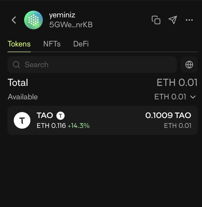 A cryptocurrency wallet interface displays the account "yeminiz" (5GWe...nrKB) holding a total balance of 0.01 ETH, with 0.1009 TAO tokens valued at ETH 0.116, showing a +14.3% gain—visually confirming the 0.1 TAO token deposit mentioned in the post.