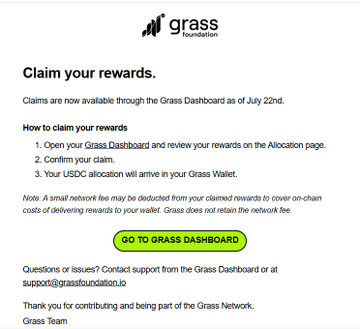 This image is an email from Grass Foundation announcing that rewards can be claimed through the Grass Dashboard as of July 22nd and can be claimed in USDC. The accompanying post clarifies that emails from Grass Foundation are legitimate notifications for reward claims.