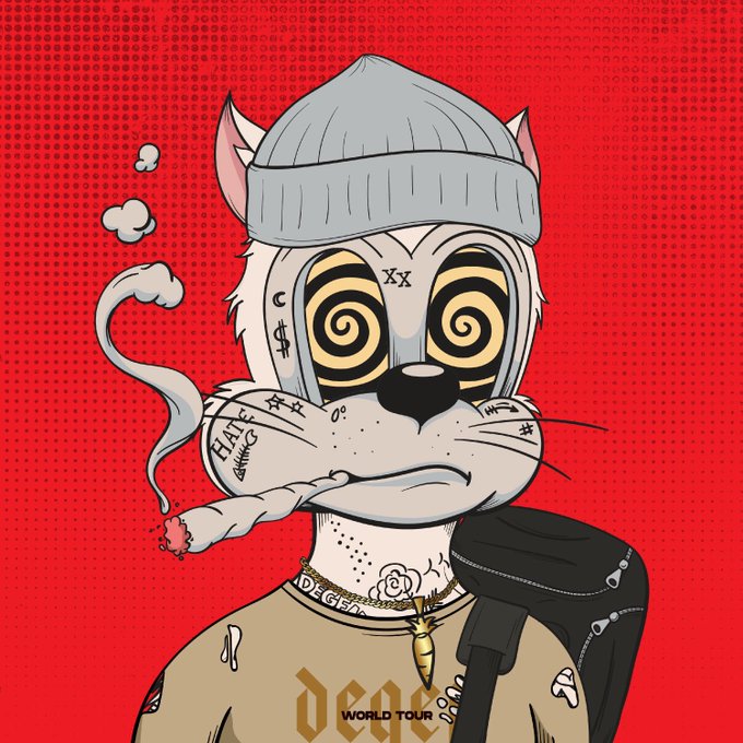A cartoon illustration of a cat character wearing a beanie with swirly eyes, smoking a cigarette, with tattoos and 'CHA R WORLD TOUR' text on a red halftone background.