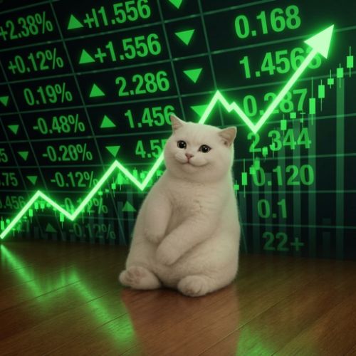 A small white kitten sits upright on a wooden floor in front of a glowing green stock chart displaying rising market percentages (+2.38%, +1.556, 1.456) and an upward-trending arrow, humorously illustrating the "LONGCAT" meme with the cat positioned beneath the bullish "long" market gains.