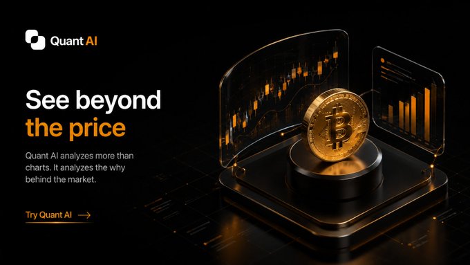 An advertisement for 'Quant AI' with the tagline 'See beyond the price,' featuring a Bitcoin coin displayed on digital screens showing candlestick charts.