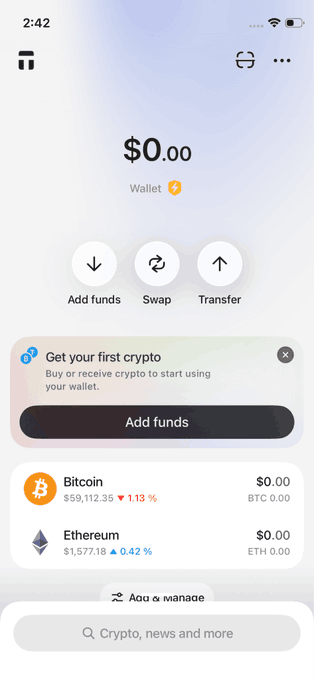 A screenshot of the Tangem App showing a wallet balance of $0.00 with options to "Add funds," "Swap," and "Transfer," along with live prices for Bitcoin ($59,112.35, down 1.13%) and Ethereum ($1,577.18, up 0.42%). The image showcases the app's streamlined v6.0 interface, directly illustrating the post's point about how crypto management has become cleaner and more frictionless with simplified one-tap actions like swapping BTC.