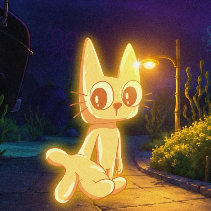 A glowing yellow cartoon cat sitting on a path at night in what appears to be a scene from SpongeBob SquarePants featuring light-emitting characters.