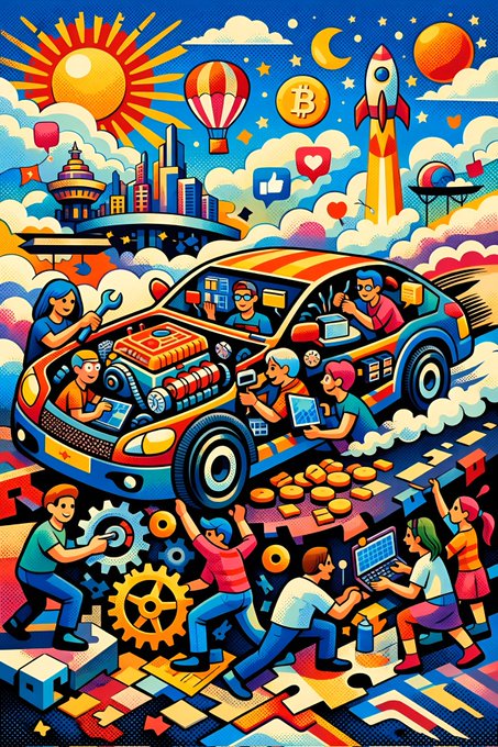 A vibrant, colorful digital illustration depicting people building and working on a car, surrounded by gears, tech icons, a Bitcoin symbol, hot air balloon, sun, moon, and rocket, symbolizing innovation and teamwork.