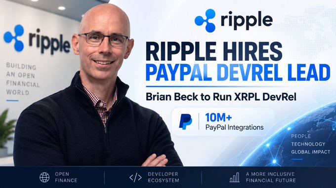 The image is a promotional graphic announcing Ripple's hiring of Brian Beck, the former PayPal Director of Developer Experience, to lead XRPL DevRel. It features a professional headshot of a smiling bald man with glasses in a dark sweater, alongside Ripple's logo and the tagline "Building an open financial world." Key text includes "Ripple Hires PayPal DevRel Lead," "Brian Beck to Run XRPL DevRel," and a PayPal badge noting "10M+ PayPal Integrations," reinforcing the post's point about Ripple recruiting top talent to scale its developer ecosystem.