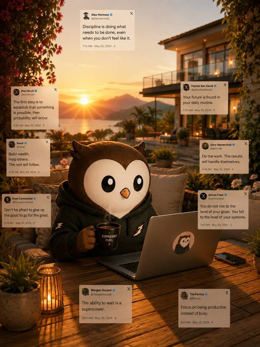 A digital artwork of an owl character in a hoodie working on a laptop at an outdoor cafe during sunset, surrounded by floating motivational tweet screenshots.