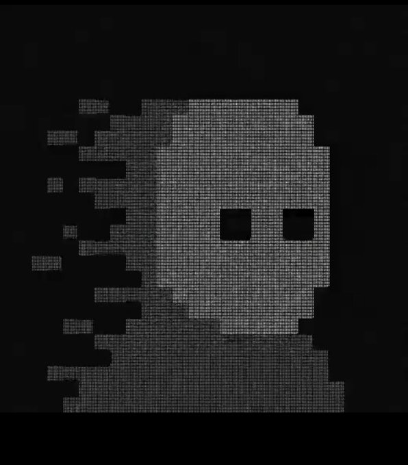 A pixelated black and white digital illustration of a skull-like figure with empty square eyes on a dark background.