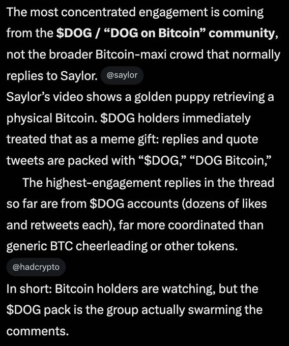 A screenshot of a text post discussing crypto engagement, stating: 'The most concentrated engagement is coming from the $DOG / “DOG on Bitcoin” community,' mentioning '@saylor' and '@hadcrypto', and noting that '$DOG holders immediately treated that as a meme gift.'