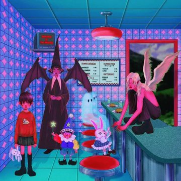 A 3D animated scene featuring various stylized characters, including a witch, a magician, and anthropomorphic animals, standing inside a diner with pink patterned walls.