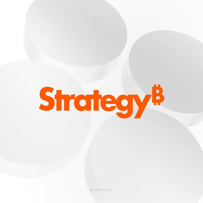 White background graphic with the orange logo 'Strategy₿' and watermark 'tokens.xyz', featuring abstract circular shapes.
