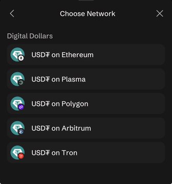 A mobile app interface showing a 'Choose Network' menu with options for Digital Dollars, listing USDT on Ethereum, Plasma, Polygon, Arbitrum, and Tron networks.