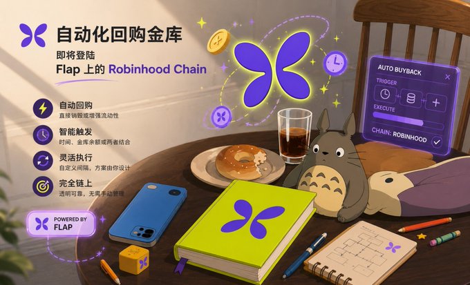 A promotional graphic for 'Robinhood Chain' automatic buyback vault powered by Flap, featuring a Totoro plush and colorful illustrations with Chinese text.