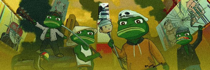 An illustrated scene of frog characters (Pepe-style) protesting with signs, painted in muted green and yellow tones.