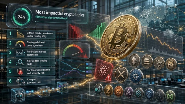 The image shows a graphic representation of Bitcoin and its various symbols, including a symbol for Bitcoin, an x, and various coins displayed within an infographic or dashboard format. The main focus of this poster is Bitcoin, which has been weakened by strategy cash coverage and predicted by various market indicators. The post encourages the viewer to learn more about Bitcoin's current trends in cryptocurrency trading and investing.
