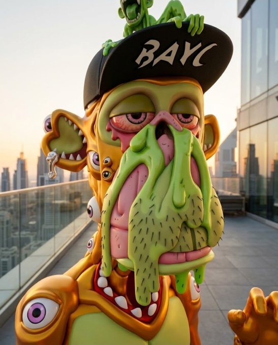 A grotesque, cartoonish figure with green slime dripping from its face wears a black cap labeled 'BAYC' on a rooftop with a city skyline in the background.