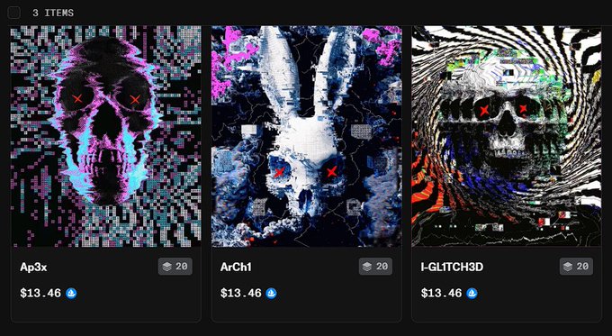 A digital marketplace listing displaying 3 items, each priced at $13.46 with 20 units in stock: 'Ap3x', 'ArCh1', and 'I-GLITCH3D', all featuring glitch art designs of a skull with red X eyes.