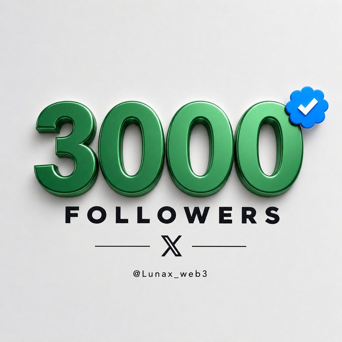 A 3D-style graphic celebrating '3000 FOLLOWERS' in large green numbers with a blue verification checkmark, the X (Twitter) logo, and the handle '@Lunax_web3'.