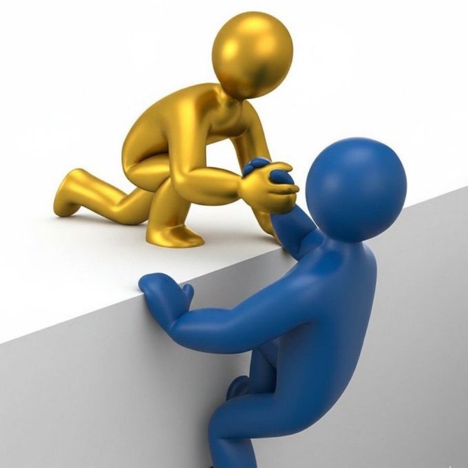 The image features two 3D figures, one blue and one gold, reaching out towards each other as if they are helping or supporting each other. The golden figure appears to be assisting the blue figure in crossing a gap or overcoming an obstacle. This scene suggests that the golden figure is actively engaged with the blue figure's progress, possibly offering guidance or encouragement.