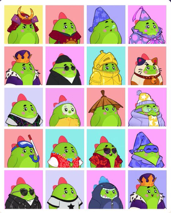 A grid of twenty cartoon green bird characters dressed in various costumes, including a king, wizard, knight, cat, and diver, each on a different pastel-colored background.