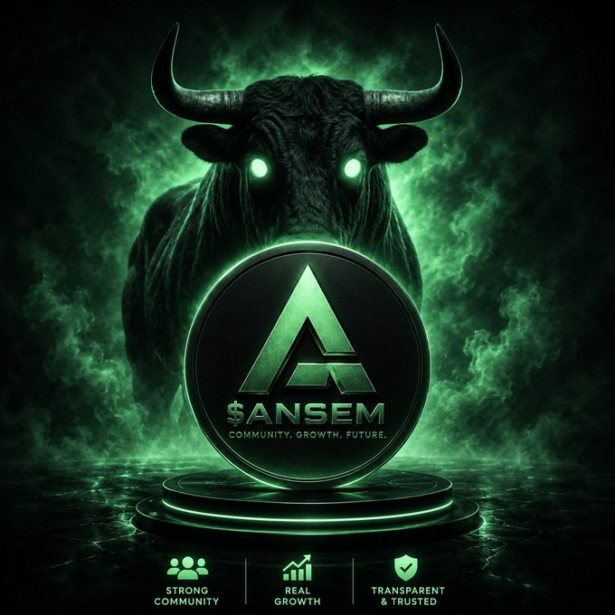 A dark promotional graphic featuring a menacing bull with glowing green eyes emerging from green smoke behind a large coin marked with an 'A' logo and '$ANSEM - Community. Growth. Future.', with badges for 'Strong Community', 'Real Growth', and 'Transparent & Trusted'.