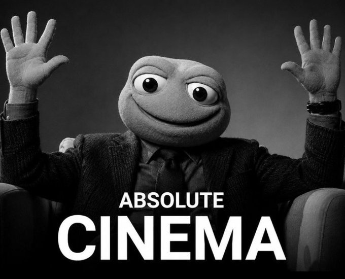A grayscale image shows a puppet-like figure in a suit with its hands raised in excitement, captioned "ABSOLUTE CINEMA" in bold white text. The meme humorously amplifies the post's bullish technical analysis of $TOAD, treating the predicted breakout to a new all-time high as a thrilling cinematic moment worthy of celebration.