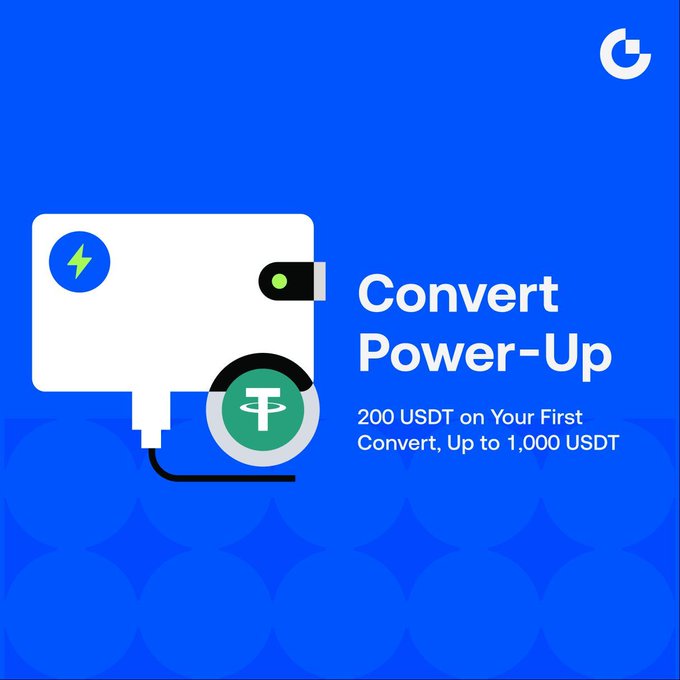 The image features a blue background with white text that reads "Convert Power-Up" followed by an advertisement for a cryptocurrency called Bitcoin Cash, which is a digital currency. The text also mentions that the first Convert will be rewarded with 200 USDT (United States Dollars). The image includes a coin and a power strip to emphasize the concept of converting one form of energy into another.