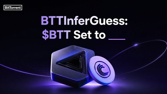 BitTorrent promotional graphic reading 'BTTInferGuess: $BTT Set to ___' with purple lighting and 3D objects.