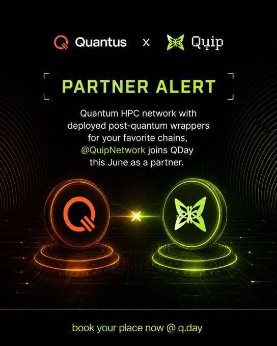 The image features two circles, one green and one orange, positioned at different heights against a black background. The text "partner alert" is written above them, and there are also some words related to Quantum computing that appear below the circles.