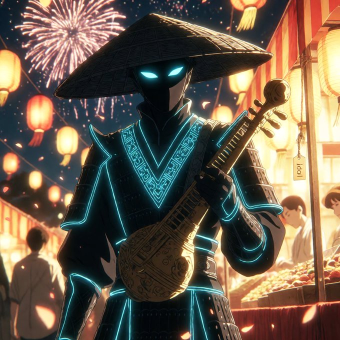 An anime-style illustration of a futuristic ninja in black armor with glowing cyan accents and a straw hat, holding a stringed instrument at a lantern-lit festival with fireworks overhead.
