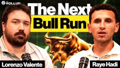 A podcast cover titled "The Next Bull Run" by Rollup features hosts Lorenzo Valente and Raye Hadi, with text noting the episode follows Lorenzo's commentary on how L2s like Lighter.xyz now subsidize apps such as Robinhood Chain for users, inverting the prior L1 distribution model.