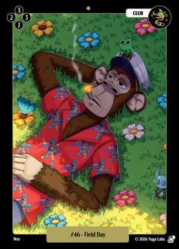 An illustrated digital card (#46 - Field Day) showing a relaxed chimpanzee in a red floral shirt smoking a cigarette and wearing a cap, lying in a grassy field with flowers and a butterfly.