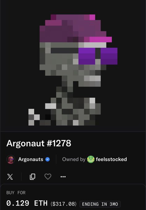 A NFT listing showing 'Argonaut #1278' from the Argonauts collection owned by feelsstocked, priced at 0.129 ETH ($317.08).