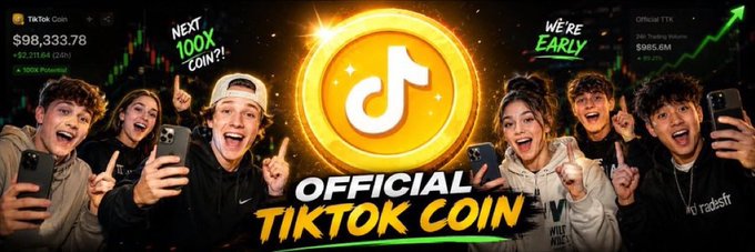 A promotional banner for 'OFFICIAL TIKTOK COIN' featuring excited young people pointing at a glowing TikTok coin logo, with text promoting 'NEXT 100X COIN?!', 'WE'RE EARLY', and showing TikTok Coin price at $98,333.78.