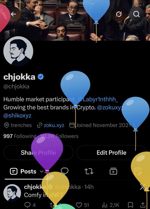 A Twitter profile screenshot for 'chjokka' (@chjokka) showing a bio about market participation and crypto brands, with balloon emojis overlaying the profile information.