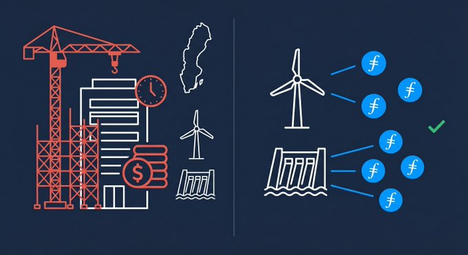 The image contrasts traditional AI infrastructure development—depicted with red construction cranes, building plans, clocks, and dollar signs alongside a small wind turbine and dam, symbolizing the lengthy and costly process of building new data centers near renewable energy sources—against the Filecoin network's existing deployment, shown as multiple wind turbines and dams already connected to numerous "f" nodes with a green checkmark, illustrating that Filecoin providers are already operational at renewable energy sites, eliminating the need for costly new construction.