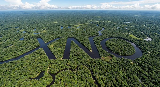 An aerial view of a vast, lush green rainforest with a winding dark river cutting through the landscape. The Amazonian terrain features dense tree canopies stretching to the horizon under a partly cloudy sky.