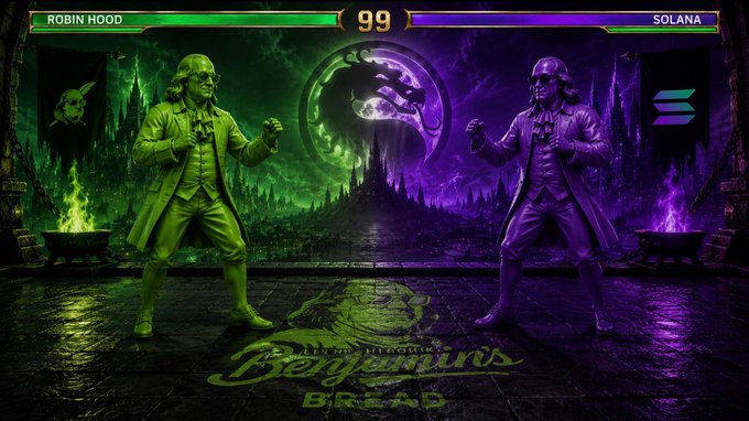 A screenshot from a fighting video game showing 'ROBIN HOOD' (green) versus 'SOLANA' (purple) with a timer at 99 and the logo 'CRYPTO BERGENMIND' displayed on the arena floor.