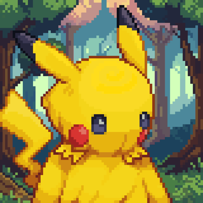 A pixel art illustration of Pikachu with a bandage on its forehead and red cheeks, standing in a forest setting.