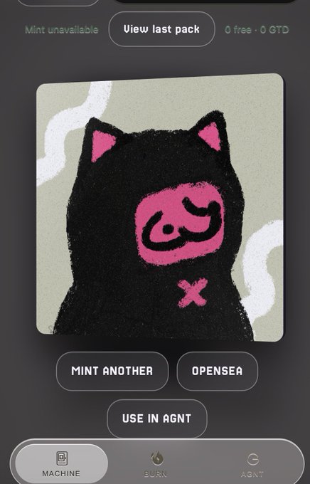 A digital interface displays a stylized black cat illustration with a pink face, featuring buttons labeled 'MINT ANOTHER', 'OPENSEA', and 'USE IN AGNT', with text indicating 'Mint unavailable'.