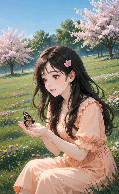 An anime-style illustration of a girl with long dark hair and a flower clip, wearing a peach dress, sitting in a field of cherry blossoms and holding a butterfly on her hand.