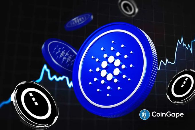 A vibrant blue Cardano (ADA) coin floats prominently alongside scattered black tokens, set against a dark background featuring an upward-trending price chart. The "Coingape" watermark appears in the lower right, visually reinforcing the post's theme of NIGHT token's dramatic 159% rally and its connection to the Cardano ecosystem through Charles Hoskinson's Midnight project.