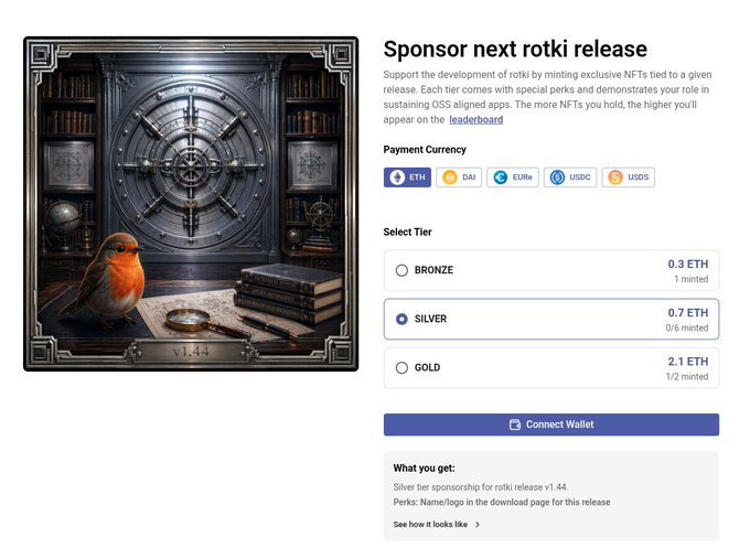 A sponsorship page for rotki v1.44 NFT minting with tier options (Bronze 0.3 ETH, Silver 0.7 ETH selected, Gold 2.1 ETH) payable in ETH, DAI, EURt, USDC, and USDIS, featuring an illustration of a robin in front of an ornate vault. The page allows supporters to connect their wallet and receive perks like name/logo placement in the changelog, download page, and the app itself for the "vault NFT series."