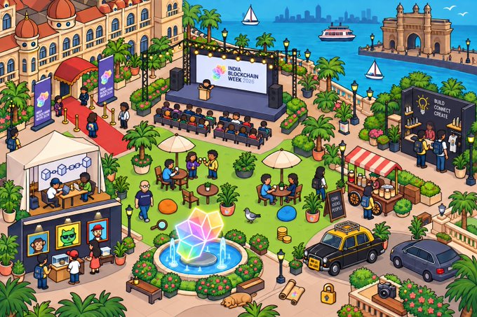 This colorful isometric illustration promotes the **India Blockchain Week 2026** with a banner on the main stage, set against Mumbai's iconic skyline featuring the Taj Mahal Palace Hotel and Gateway of India. The scene is filled with various blockchain-themed activities, including an art gallery, NFT marketplace, chai stall, fountain, and black-and-yellow taxi, while hiding the first IBW2026 keynote speaker somewhere in the vibrant crowd.