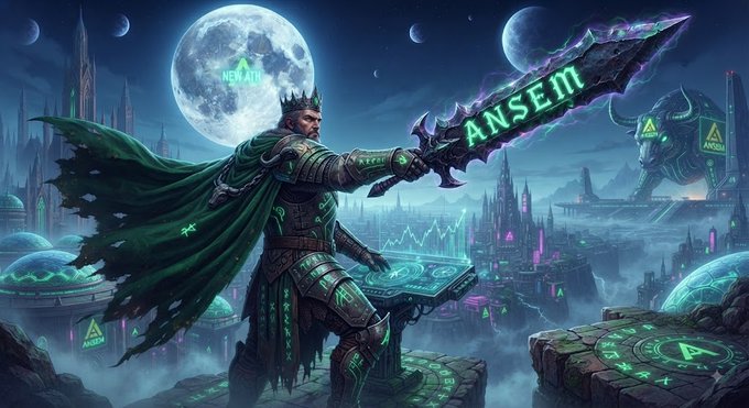 A fantasy digital artwork showing a knight in armor wielding a glowing sword with 'ANSEM' text, standing before a futuristic cityscape under a full moon.