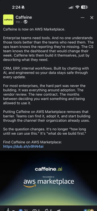 The image is a LinkedIn post from Caffeine announcing its availability on AWS Marketplace, featuring the headline "Caffeine is now on AWS Marketplace" along with the tagline "Now available on aws marketplace" at the bottom. While the post suggests a bullish connection between $ICP and $AMZN, the image itself focuses on Caffeine's partnership with Amazon Web Services, indirectly relating to $AMZN's AWS division.