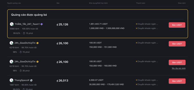 A Binance P2P trading interface screenshot in Vietnamese showing USDT buy advertisements from various sellers including THẦN_TÀI_247_Team, 24h_GiaoDichUyTin, and ThangSpaceX at approximately 25,126 - 26,100 VND.