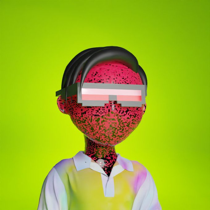 3D-rendered digital avatar of a person with pixelated red and black skin, wearing futuristic goggles and a colorful polo shirt against a bright green background.